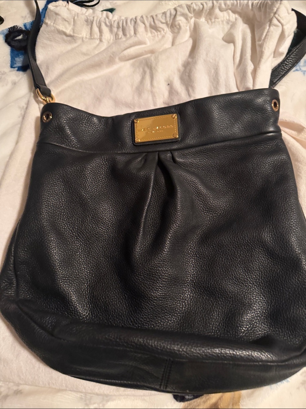 Black Leather Shoulder Bag with Gold Plaque